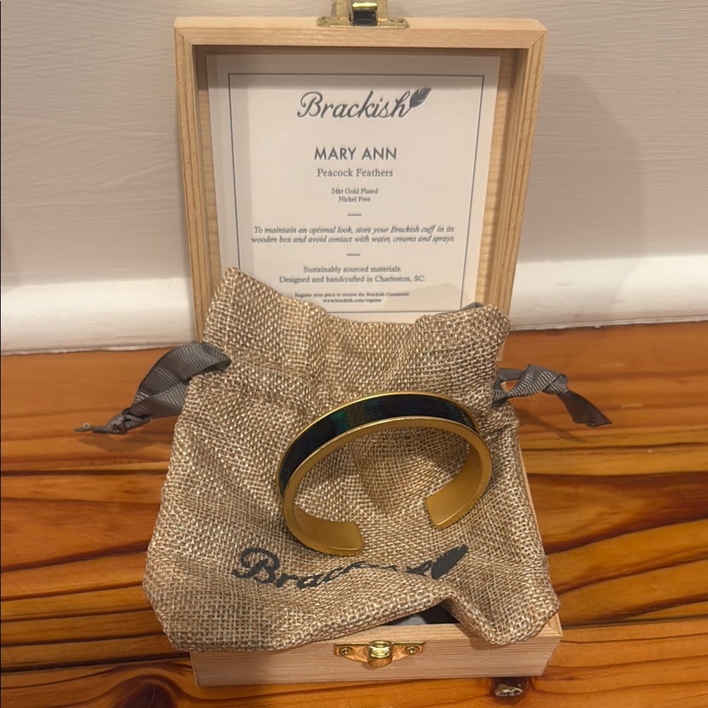 Brackish Mary Ann Peacock Feather Thin Cuff Bracelet